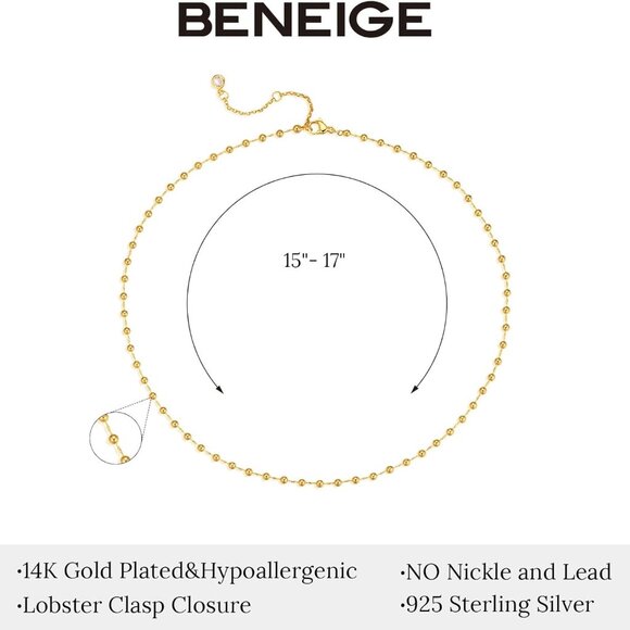 Gold Bead Flat Chain 13-15 inch Hypoallergenic Adjustable Choker Necklace for Wo - Picture 4 of 6